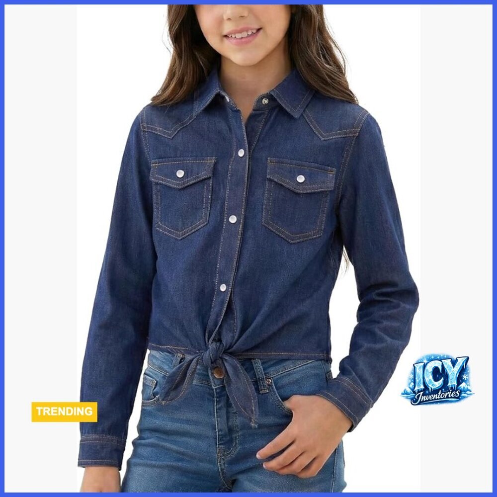 Denim Western Pearl Snap Button Down Shirt Cowgirl Tie Knot Crop Top